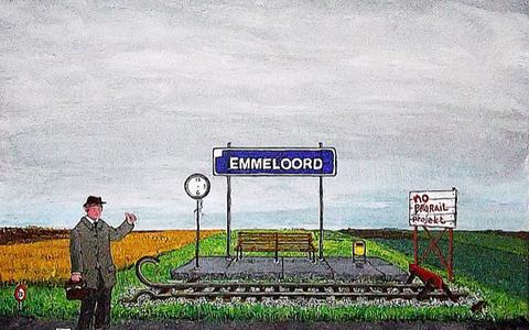Een tekening van Emmeloorder Dirk Meijer van de treinhalte Emmeloord op de Lelylijnroute door de polder. 