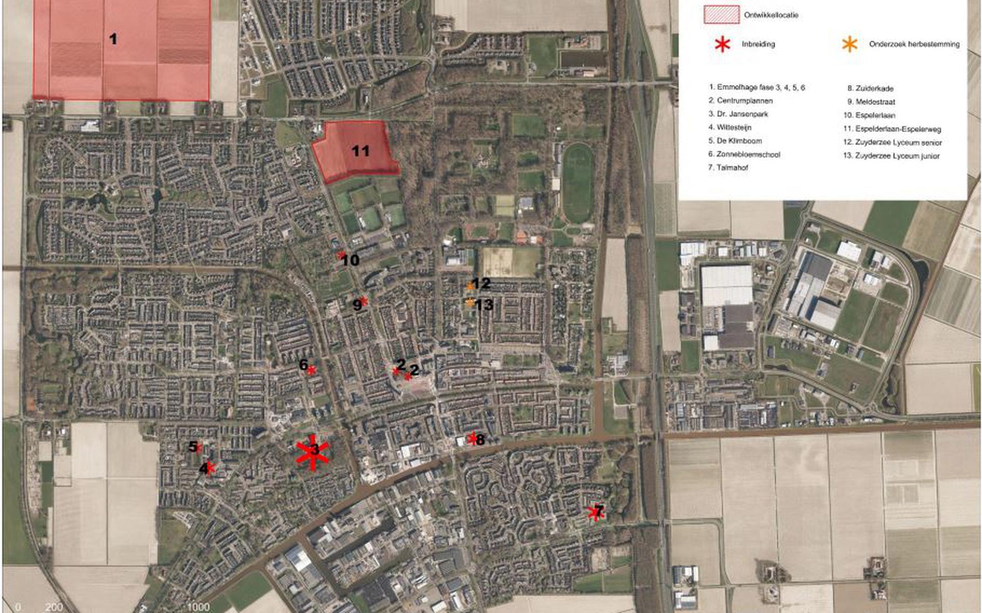 Op de kavel ten zuiden van de Oude Espelerweg (nummer 11 op dit kaartje met ontwikkellocaties) wil de gemeenteraad de komst van 215 woningen mogelijk maken.